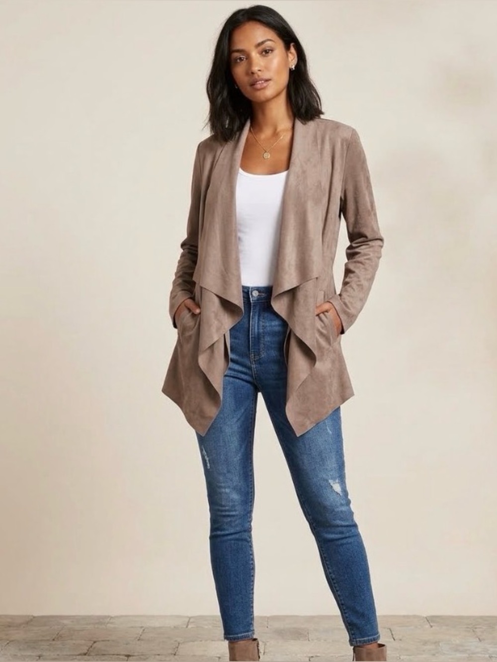 Amaryllis tan suede like super soft  drape  jacket Size Small EUC